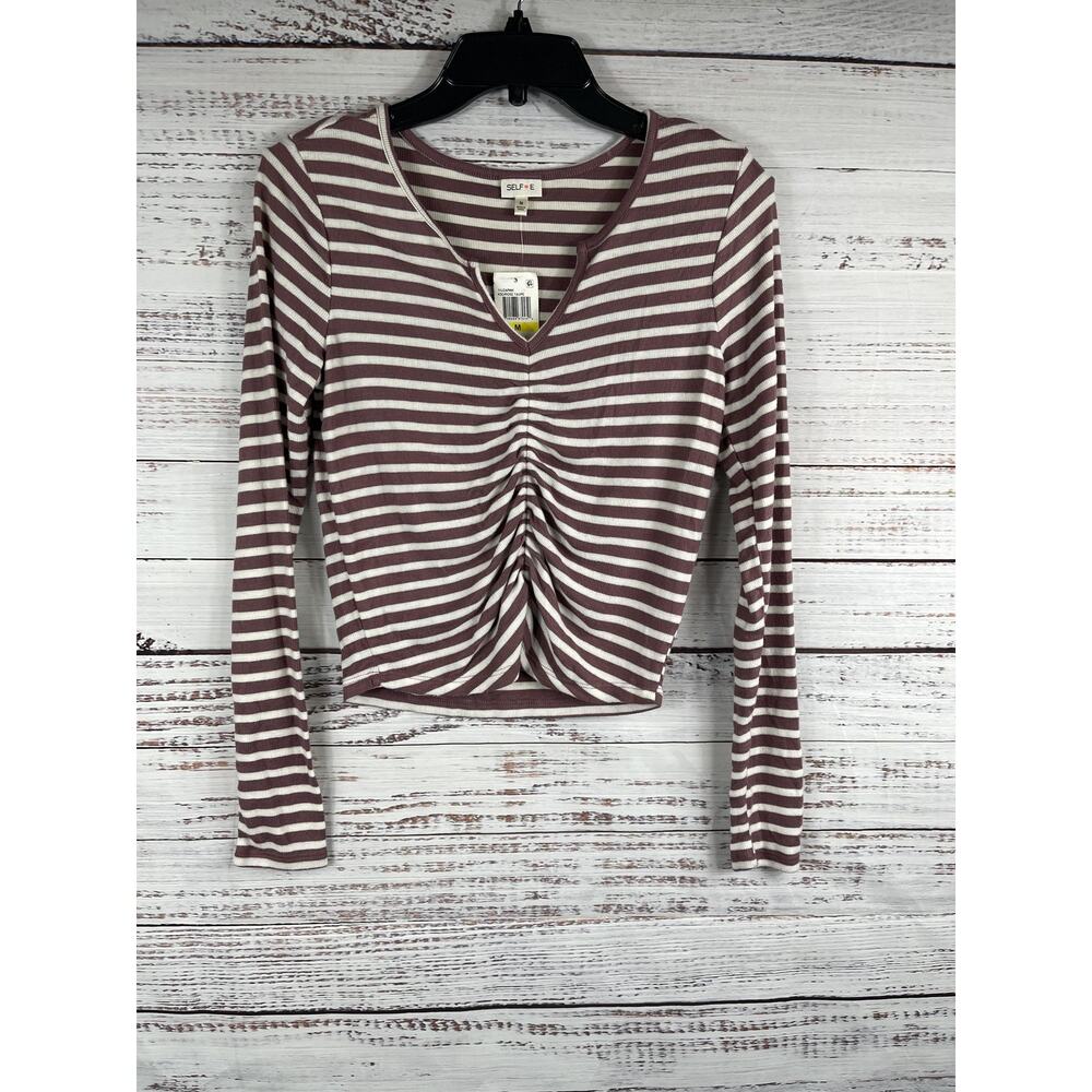 Selfie Shirt Women's Size M Rose Taupe Striped Long Sleeve Ruched Front Top